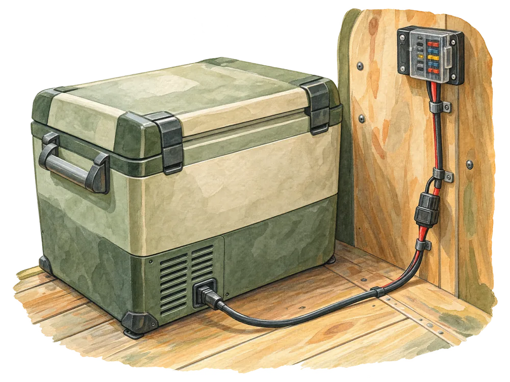 Aquarell: Kompressor-Kühlbox mit 12-Volt-Kabel und Sicherungshalter, das zu einem kleinen Sicherungskasten an einer Holzwand führt