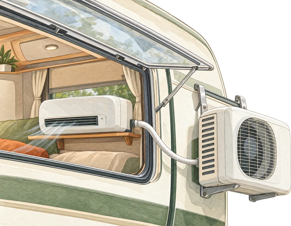 Aquarell: mobile Split-Klimaanlage mit Außenteil am Wohnwagenfenster