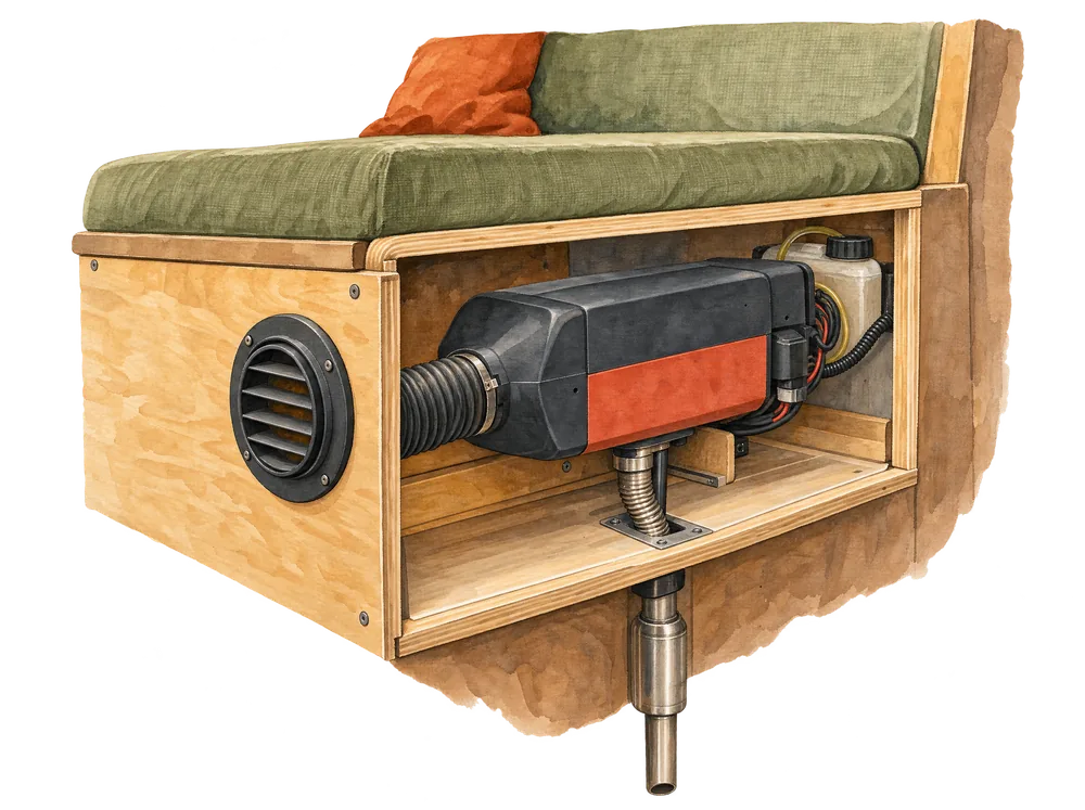 Aquarell: kompakte Diesel-Luftheizung im Sitzkasten eines Campers, vorn das runde Warmluftgitter, das Abgasrohr führt durch den Boden
