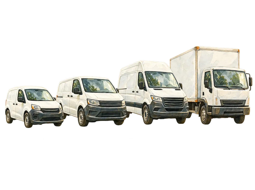 Aquarell: vier weiße Transporter unterschiedlicher Größe nebeneinander, vom Kompaktvan bis zum Kofferwagen