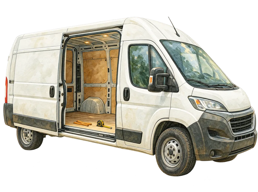 Aquarell: weißer Kastenwagen von der Seite mit offener Schiebetür und leerem Laderaum, Zollstock und Maßband auf dem Boden