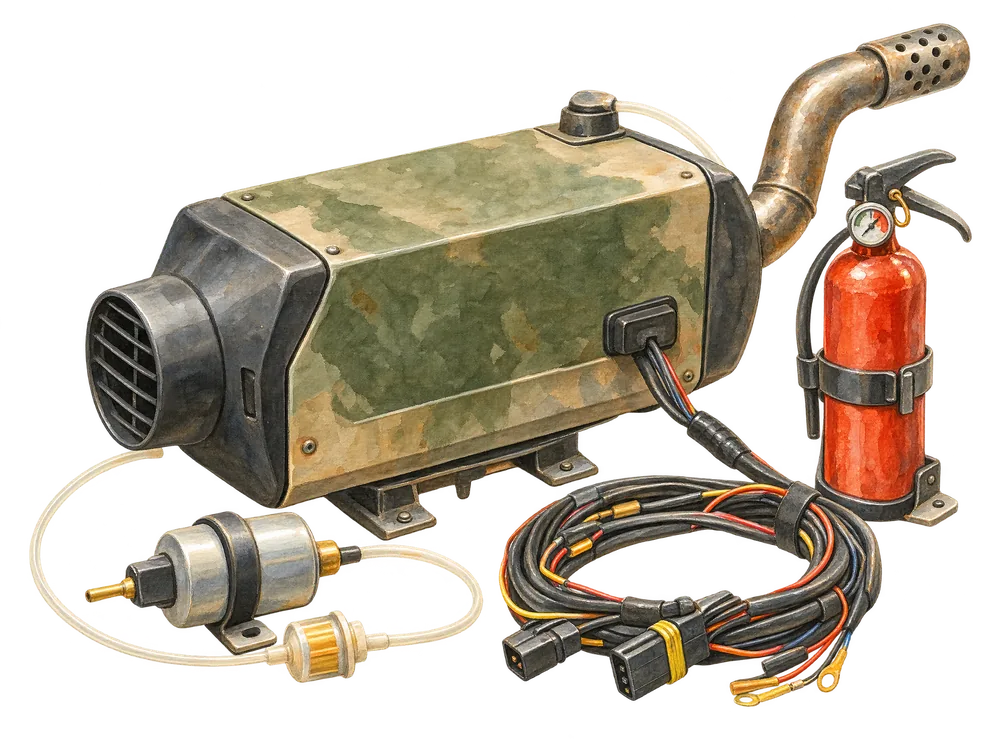 Aquarell: kompakte Diesel-Luftheizung im Blechgehäuse mit Abgasrohr, Dosierpumpe, Kraftstoffleitung und losem Kabelbündel, daneben ein kleiner Feuerlöscher