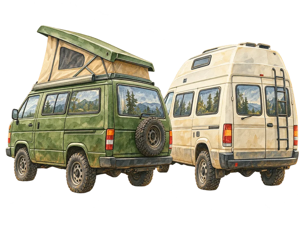 Aquarell: zwei Kastenwagen von schräg hinten, einer mit aufgestelltem Dach und Faltenbalg, der andere mit festem Hochdach