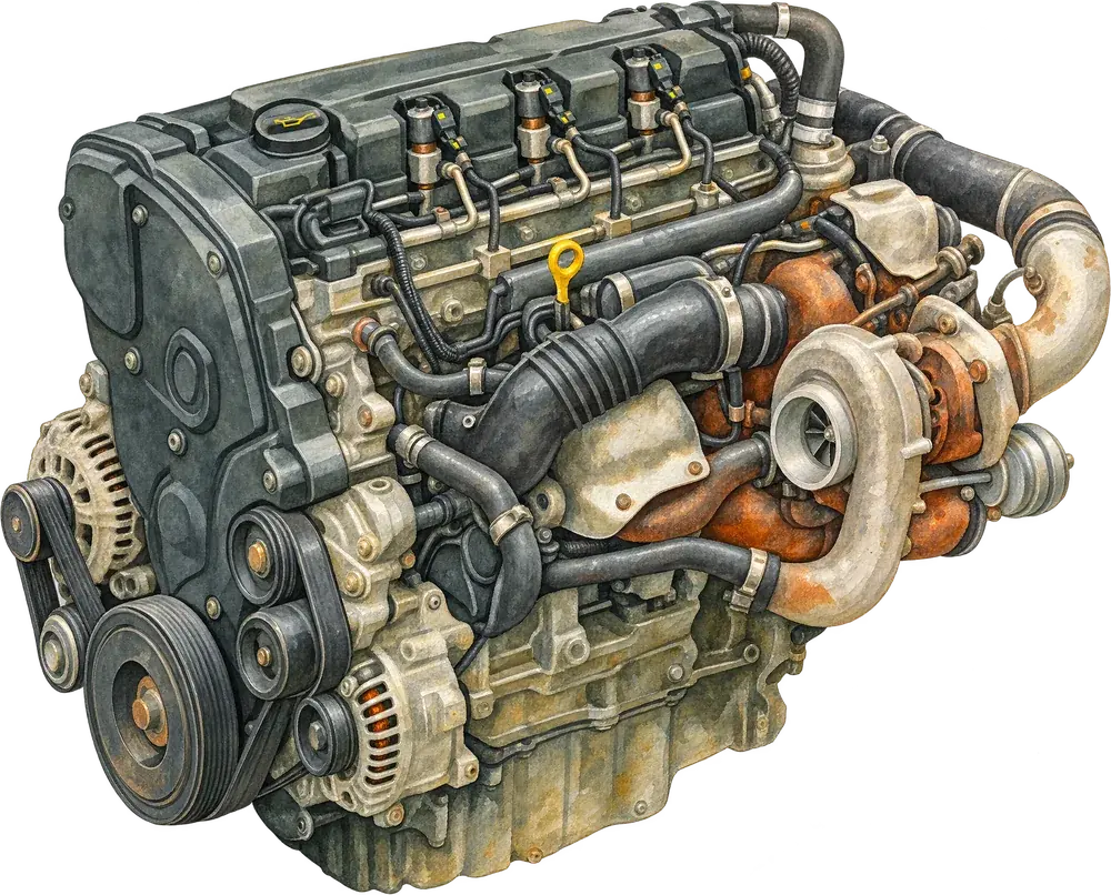 Aquarell: Vierzylinder-Dieselmotor