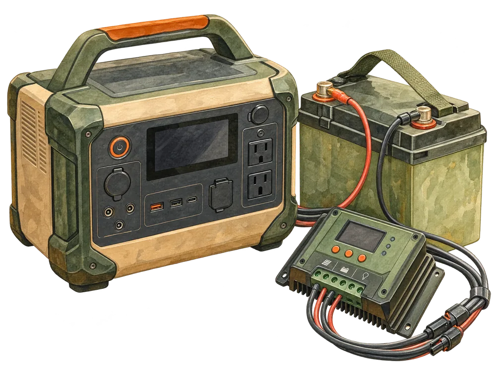 Aquarell: tragbare Powerstation mit dunklem Display auf dem Camperboden, daneben eine kleine Lithium-Batteriebox und ein Solarladeregler mit Kabeln