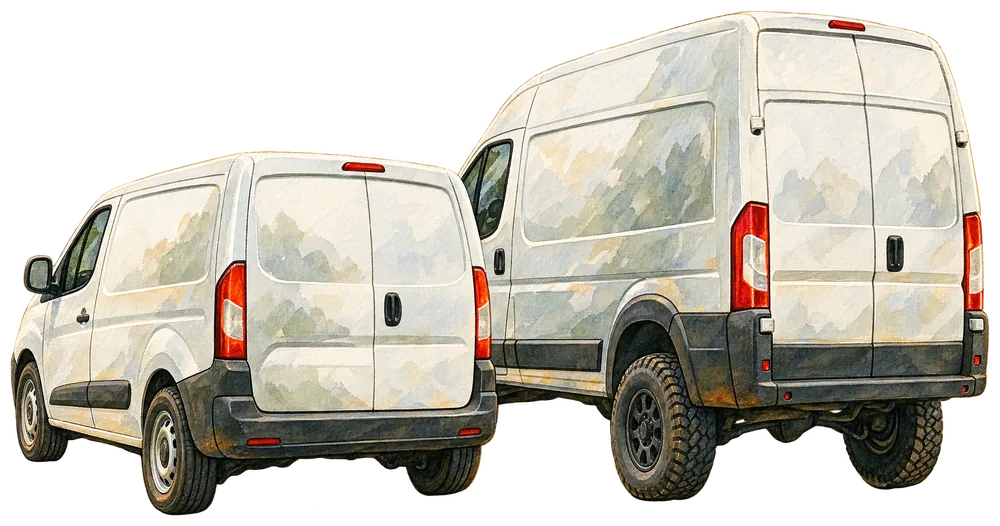 Aquarell: zwei weiße Kastenwagen nebeneinander, einer steht höher auf größeren Rädern