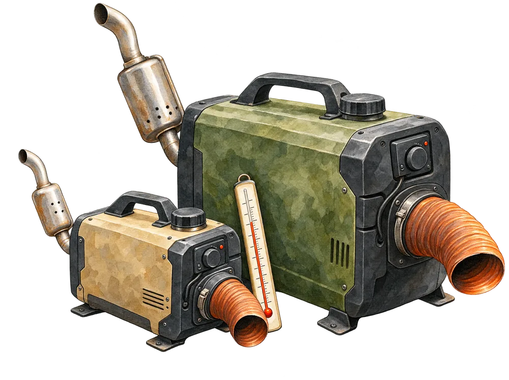 Aquarell: zwei Diesel-Luftheizungen unterschiedlicher Größe mit Abgasrohr und Warmluftschlauch, dazwischen ein Thermometer