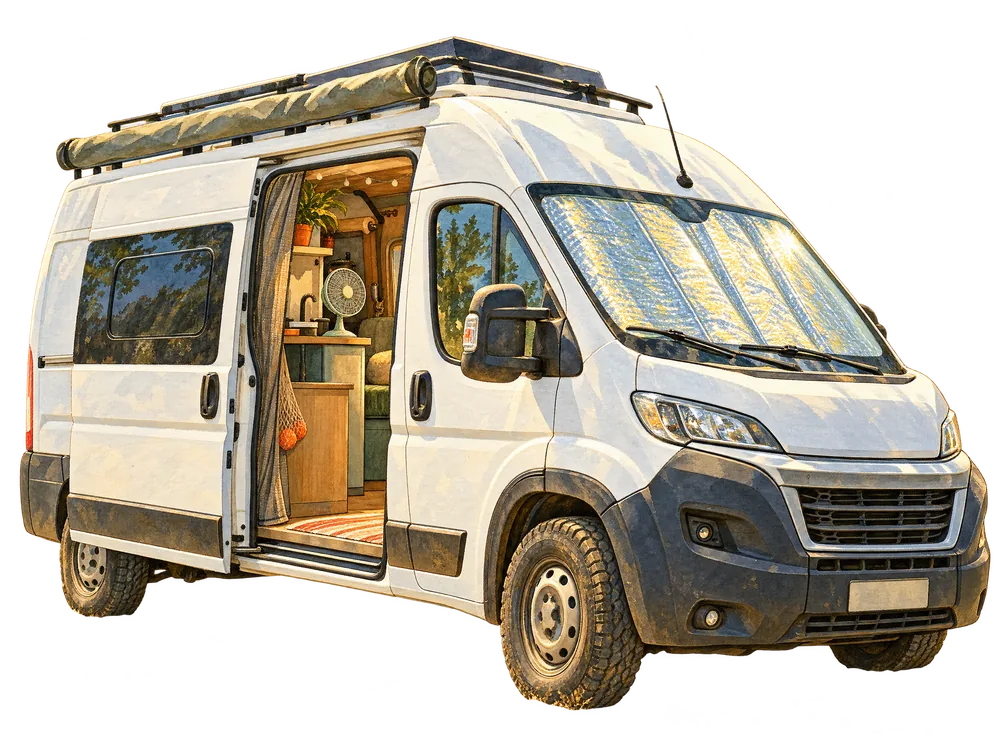 Aquarell: weißer Camper in praller Sonne mit offener Schiebetür, Sonnenschutz in der Frontscheibe und kleinem Ventilator auf der Ablage