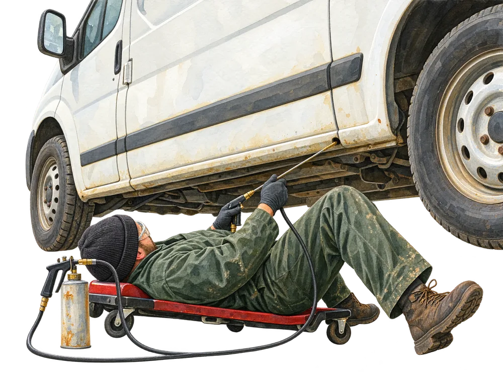 Aquarell: Person auf dem Rollbrett unter einem Van sprüht mit langer Sonde Wachs in den Schweller, daneben Dose und Pistole