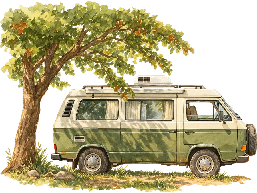 Aquarell: Camper mit Dachklimaanlage unter einem Baum
