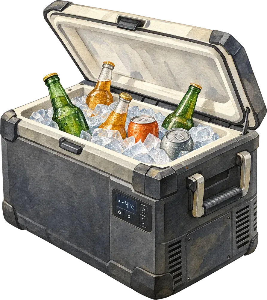 Aquarell: Kompressor-Kühlbox mit offenem Deckel
