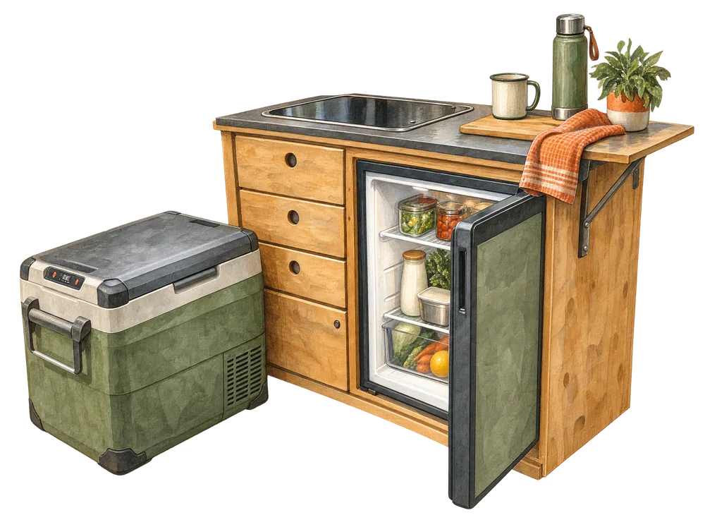 Aquarell: Kompressor-Kühlbox neben einem Küchenmöbel mit halb offenem Einbaukühlschrank