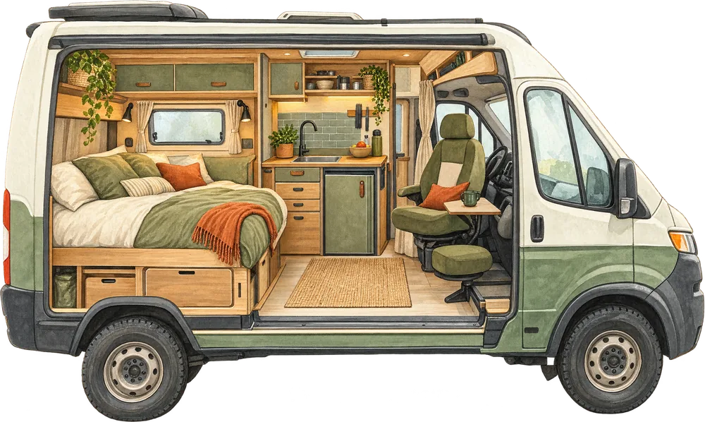 Aquarell: Schnitt durch einen kompakten Camper mit Querbett und Küchenblock