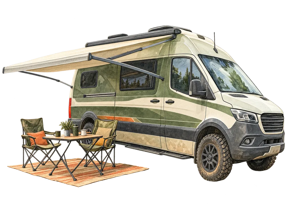 Aquarell: Kastenwagen von der Seite mit ausgefahrener Kassettenmarkise, darunter ein kleiner Klapptisch und zwei Campingstühle im Schatten