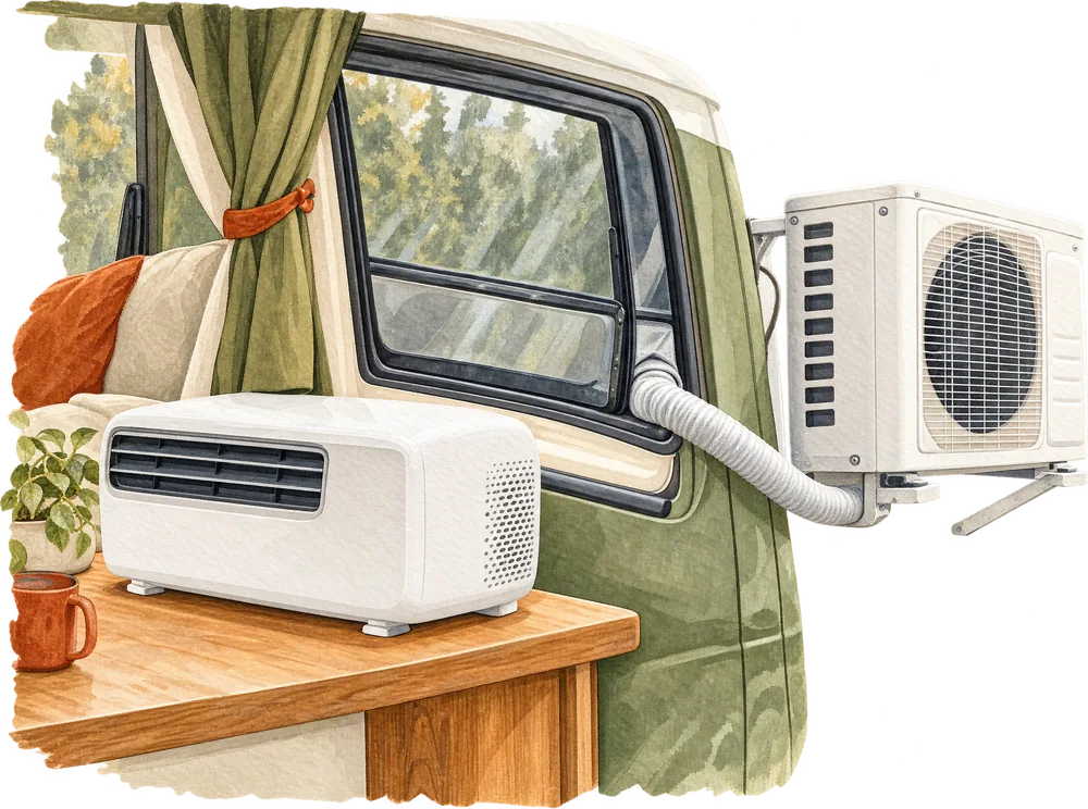 Aquarell: mobile Split-Klimaanlage mit Außenteil am Vanfenster