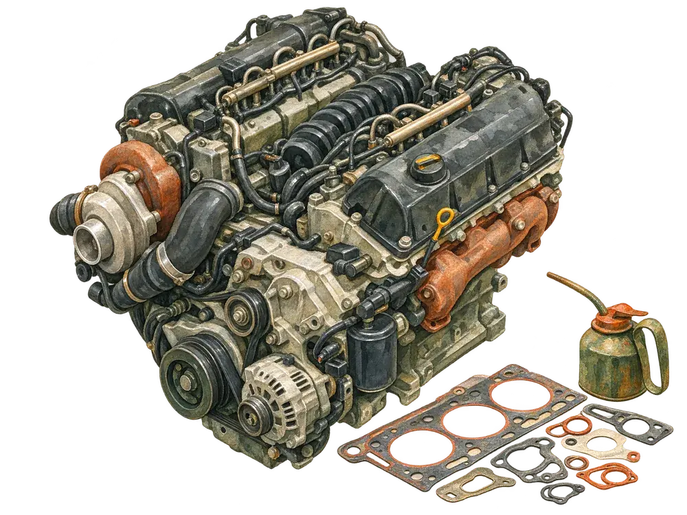 Aquarell: kompakter V6-Dieselmotor mit offenem Innen-V, daneben Ölkanne und Dichtungssatz