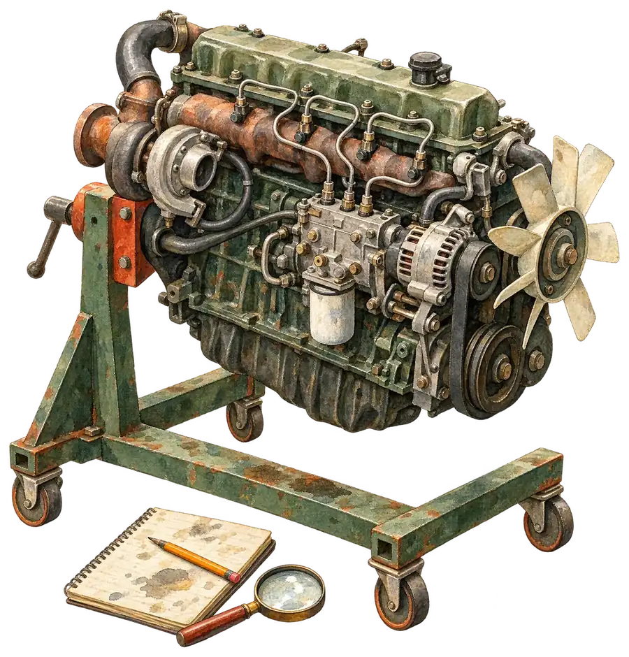 Aquarell: Dieselmotor auf einem Werkstattständer, davor Lupe und Notizbuch