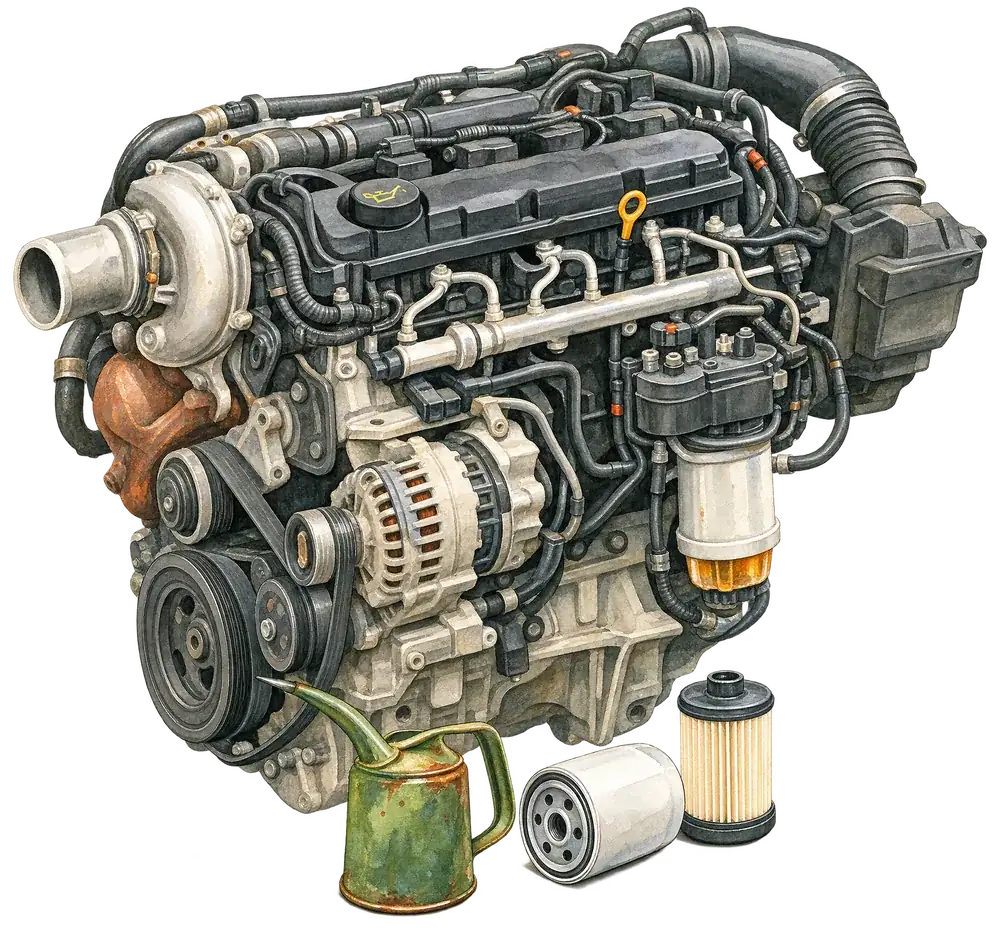 Aquarell: Vierzylinder-Dieselmotor mit Ölkanne, Ölfilter und Kraftstofffilter davor