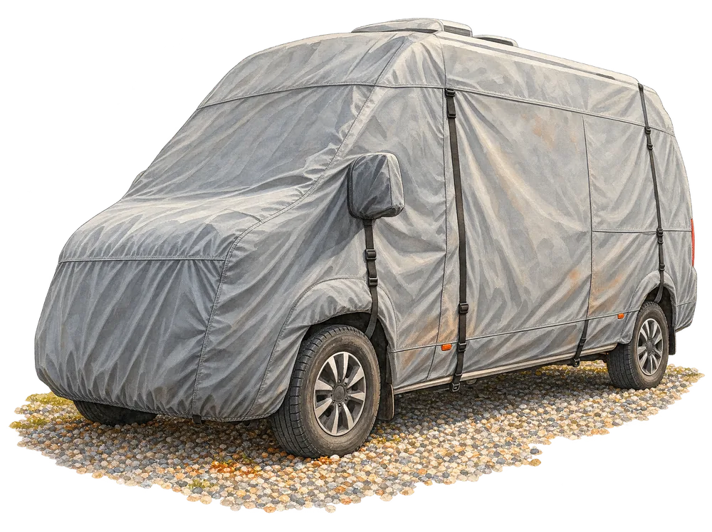 Aquarell: Kastenwagen unter einer straff gespannten grauen Vollgarage, die Gurte unter dem Fahrzeug festgezogen, auf Kies