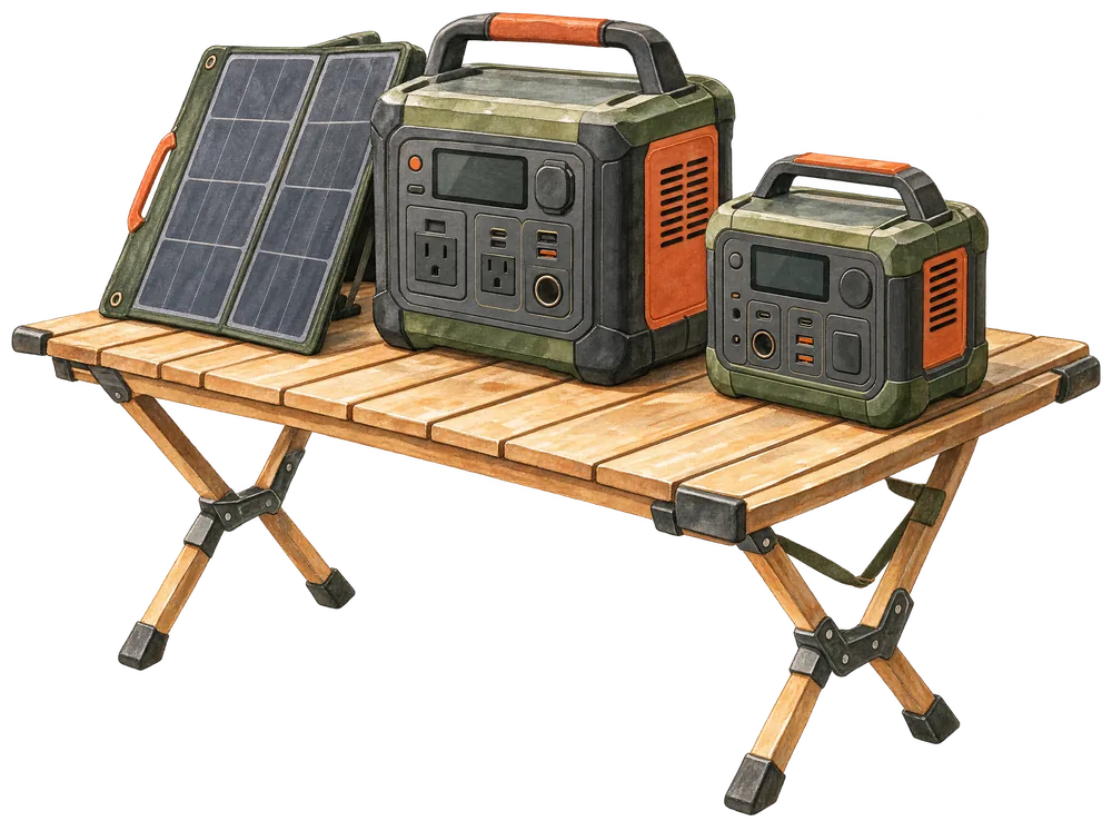 Aquarell: zwei Powerstations unterschiedlicher Größe auf einem Campingtisch, ein kleines Faltsolarpanel lehnt daran