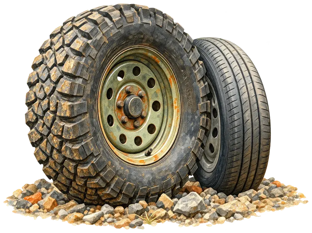 Aquarell: grobstolliger All-Terrain-Reifen auf Stahlfelge, dahinter ein glatter Straßenreifen