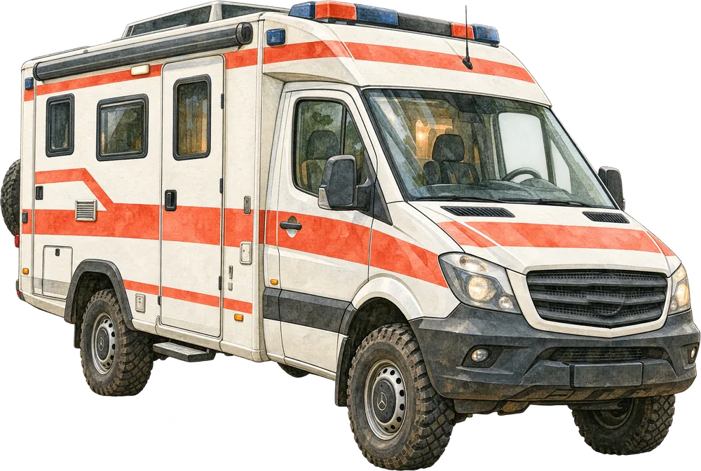 Aquarell: ausgemusterter Rettungswagen auf Sprinter-Basis