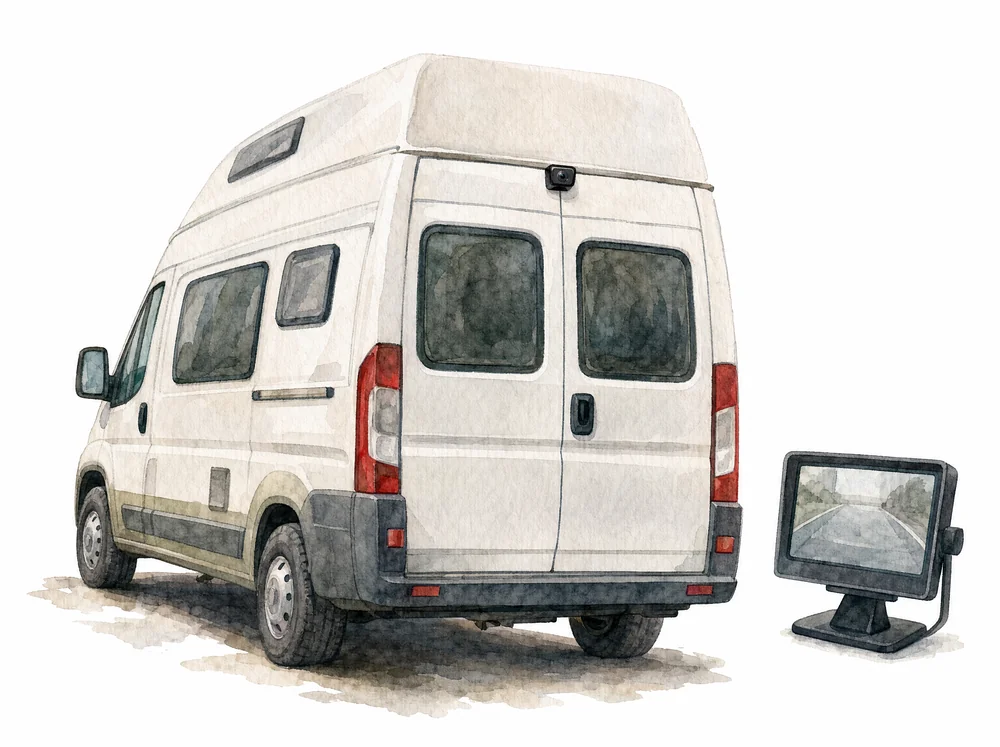 Aquarell: Heck eines weißen Kastenwagen-Campers mit kleiner Rückfahrkamera über der Hecktür, daneben ein Monitor im Fahrerhaus
