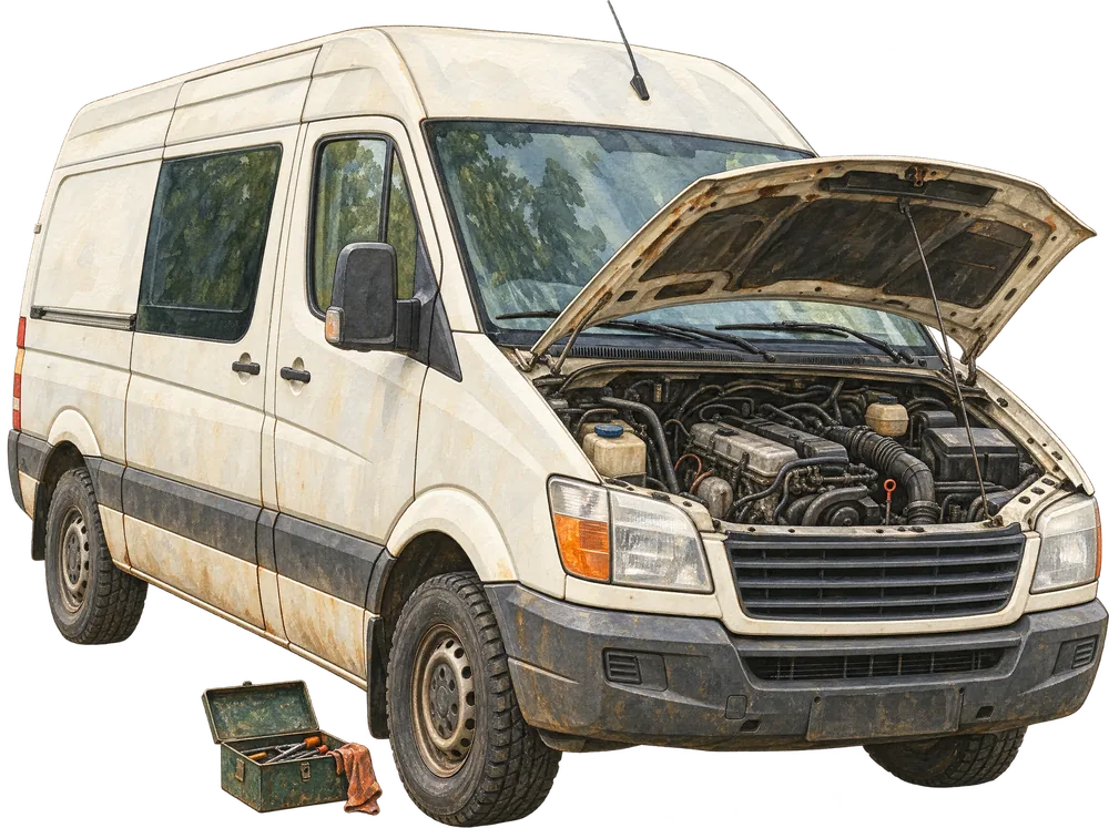Aquarell: älterer weißer Sprinter mit offener Motorhaube und Vierzylinder-Diesel, davor ein Werkzeugkasten