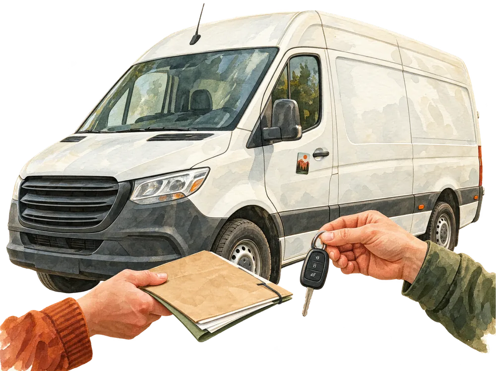 Aquarell: Hände halten Schlüssel und Fahrzeugmappe vor einem weißen Sprinter, ein Magnet haftet an der Tür