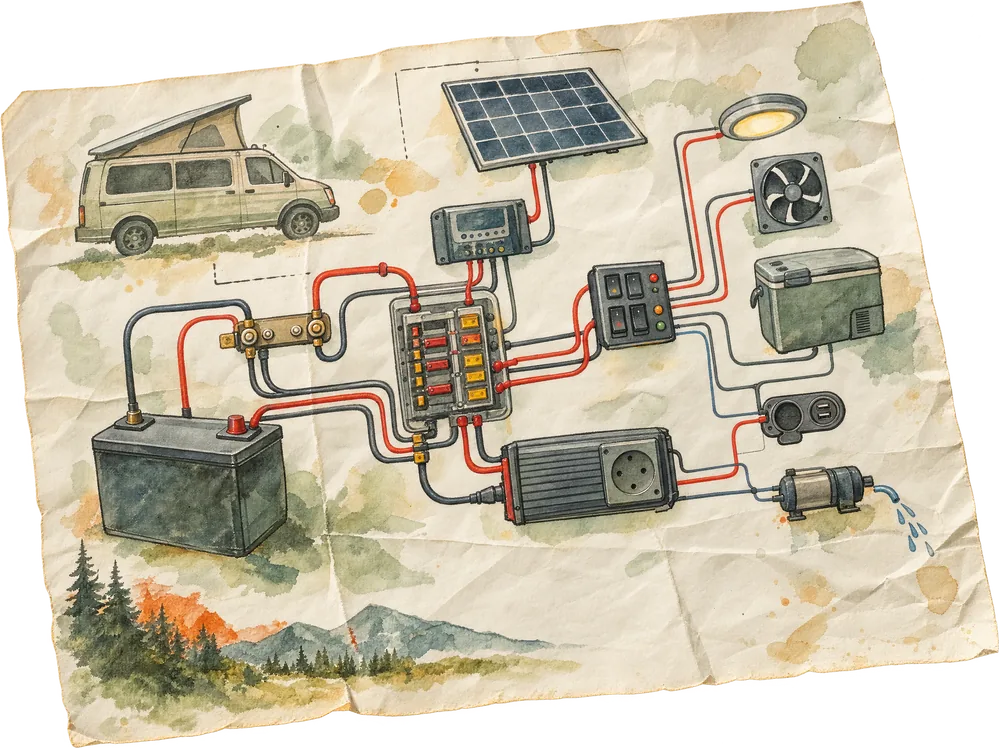 Aquarell: handgezeichneter Schaltplan mit Batterie, Solarmodul und Sicherungen