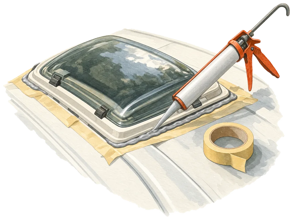 Aquarell: Kartuschenpistole zieht eine graue Dichtraupe am Rahmen eines Dachfensters, daneben eine Rolle Abklebeband