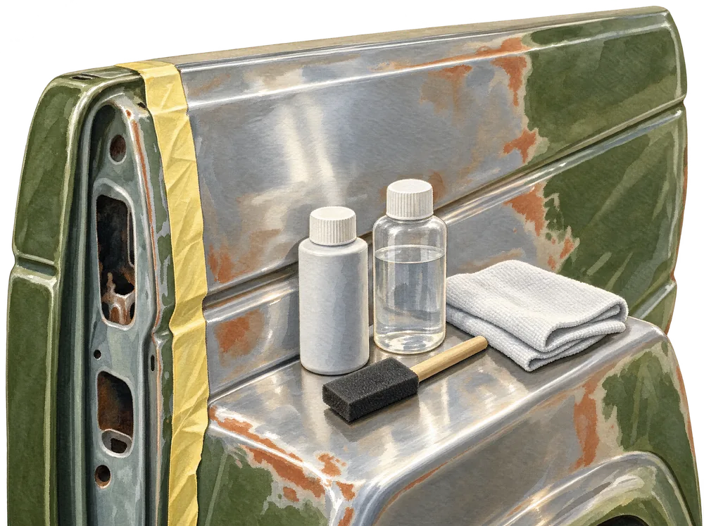 Aquarell: kleine Flasche Primer und Flasche Cleaner neben Schaum-Applikator und fusselfreiem Tuch auf einem blanken Blech, am Rand ein Streifen Abklebeband