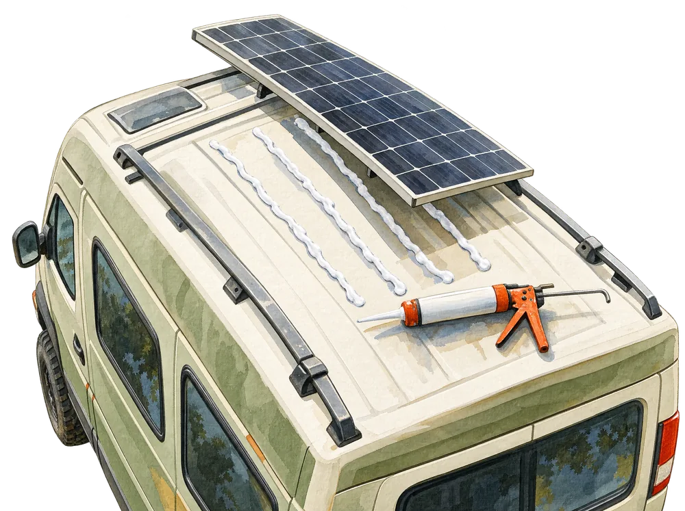 Aquarell: Solarmodul schräg über einem Camperdach, darunter parallele Kleberaupen, daneben eine Kartuschenpistole