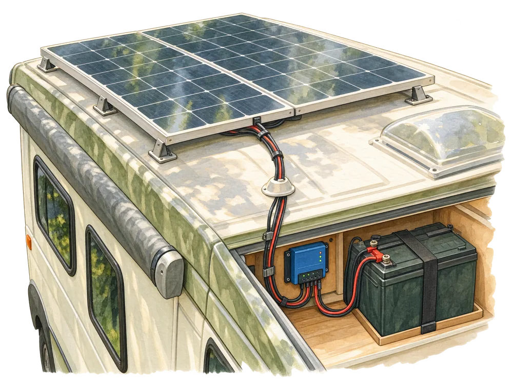 Aquarell: zwei starre Solarmodule auf Halterungen auf einem Camperdach, ein Kabel führt zu Laderegler und Batterie