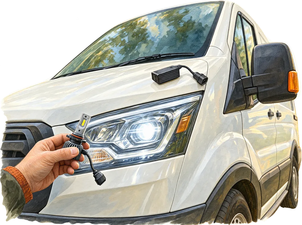 Aquarell: Frontpartie eines weißen Mercedes Sprinter mit hell leuchtendem Scheinwerfer, daneben eine Hand mit einer H7-LED-Lampe