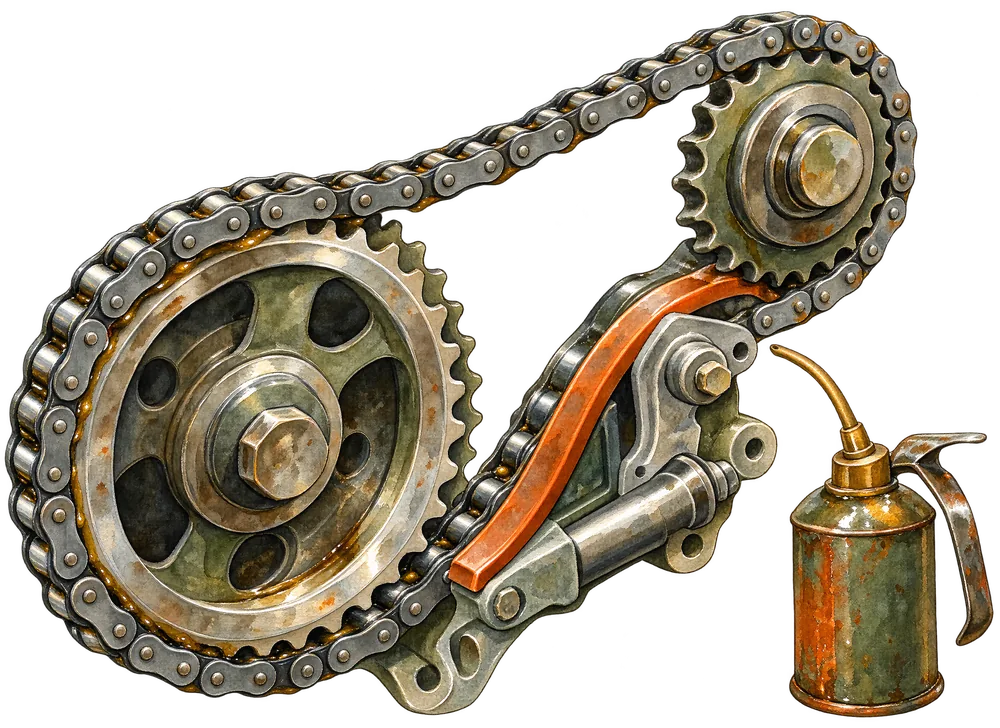Aquarell: Steuerkette über zwei Kettenrädern mit Spanner, daneben eine Ölkanne