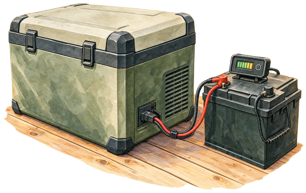 Aquarell: Kompressor-Kühlbox am Kabel einer Bordbatterie, darauf ein kleiner Batteriemonitor