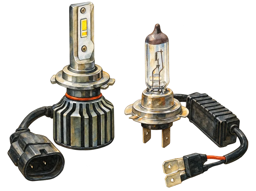 Aquarell: H7-LED-Lampe mit Kühlkörper neben der alten Halogenlampe auf der Werkbank, daneben ein kleiner Adapter