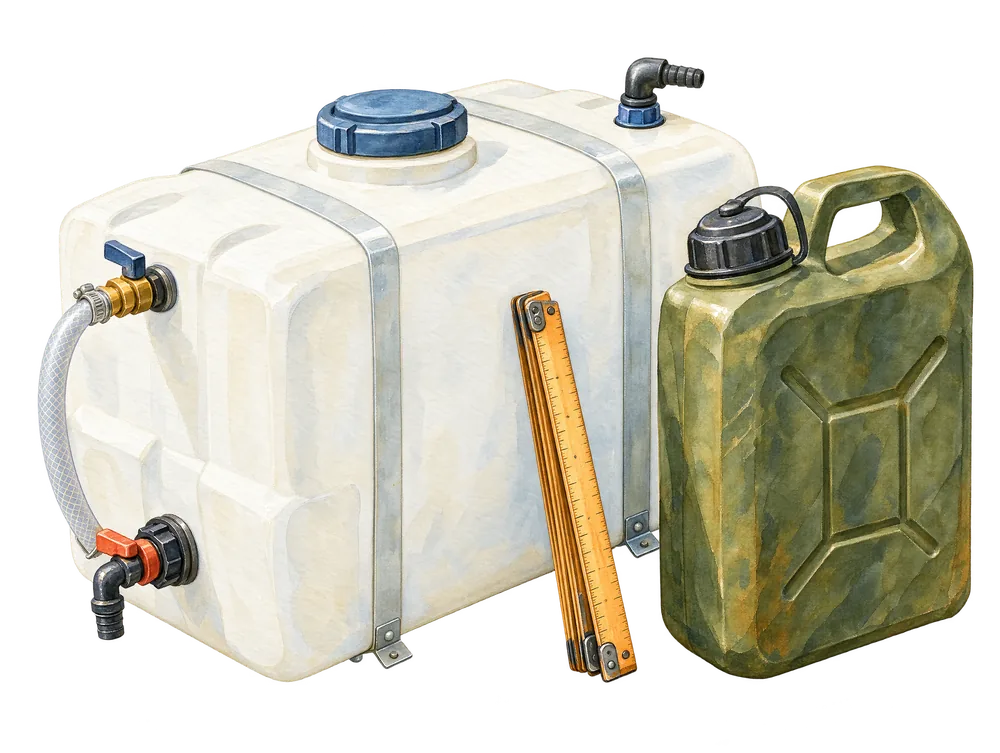 Aquarell: weißer Kunststoff-Frischwassertank mit Anschlüssen, daneben ein Zollstock und ein voller Wasserkanister