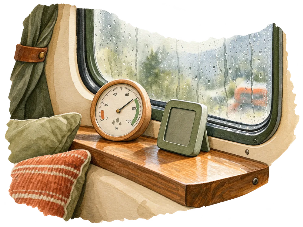 Aquarell: kleines rundes Hygrometer und ein digitaler Temperatursensor auf einem Holzregal im Camper, dahinter beschlagenes Fenster mit Tropfen
