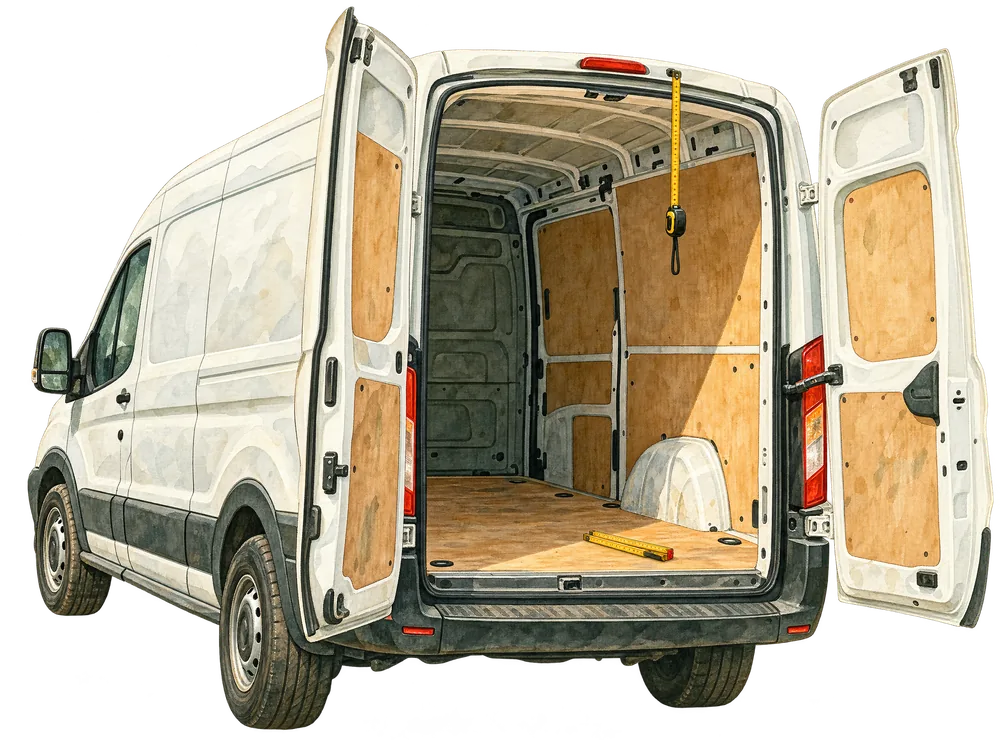 Aquarell: weißer Transporter von schräg hinten mit offenen Hecktüren und leerem Laderaum, ein Maßband hängt am Dachrand