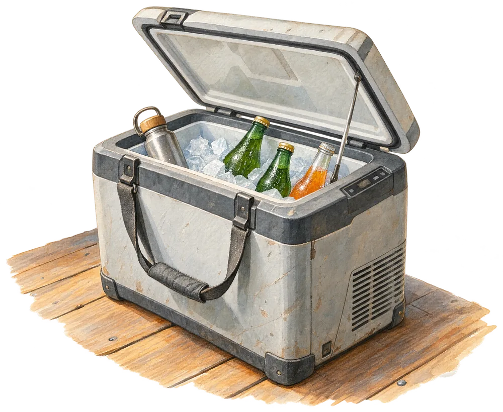 Aquarell: kleine Kompressor-Kühlbox mit offenem Deckel und Getränkeflaschen, sichtbar gebraucht