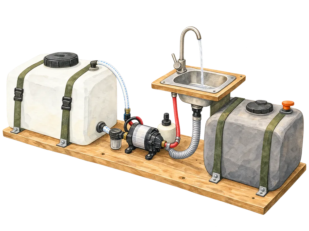 Aquarell: Frischwassertank, Pumpe, Schläuche, Wasserhahn und Grauwassertank in einer Reihe auf einem Brett