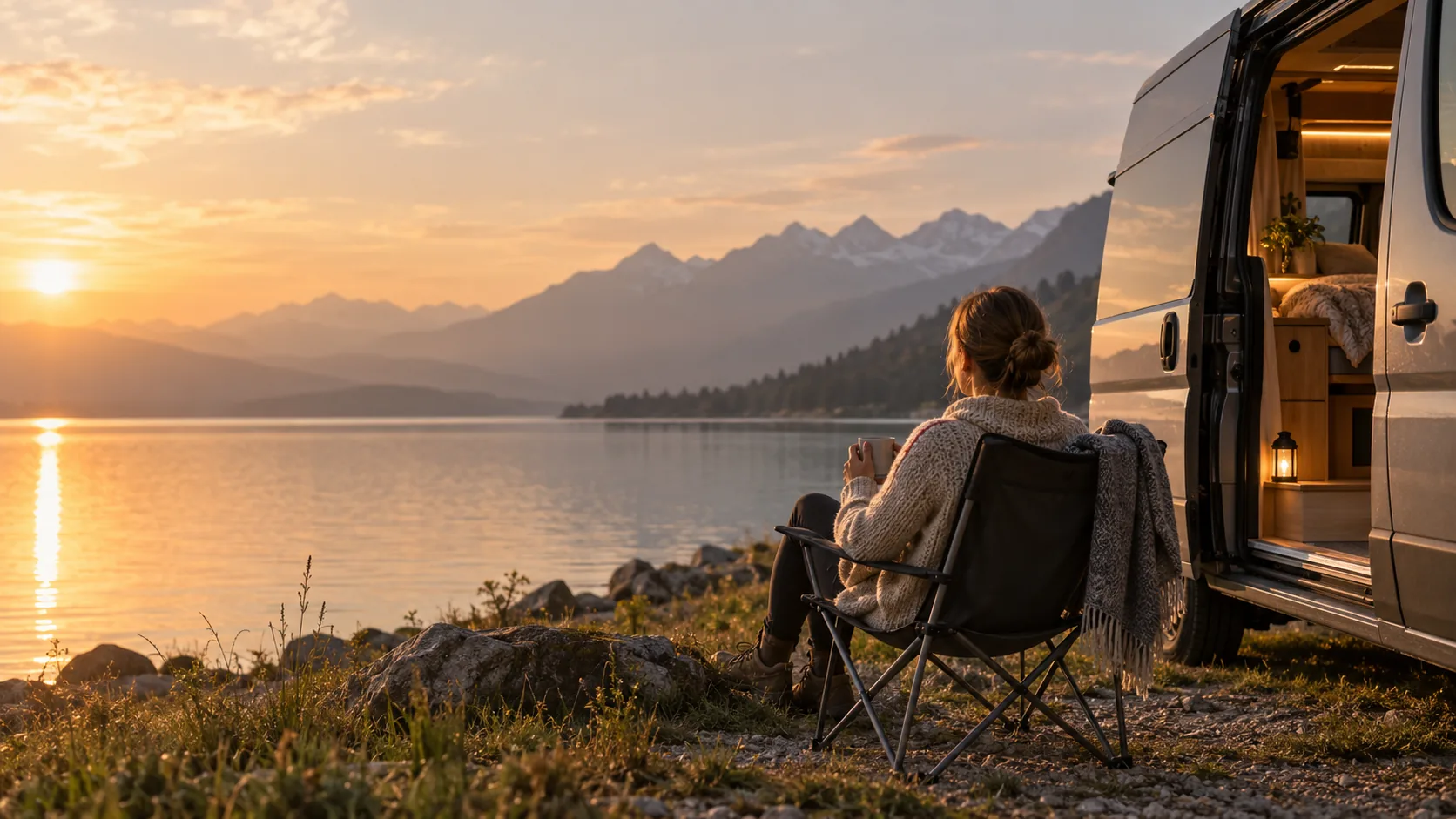 Frau im Campingstuhl mit Tasse am See bei Sonnenuntergang, daneben ein Kastenwagen-Camper mit offener Schiebetür