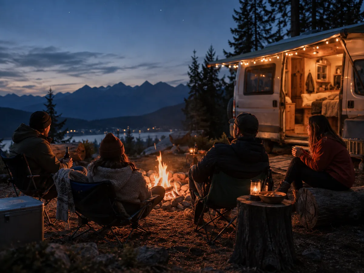 Vier Freunde am Lagerfeuer in der Abenddämmerung, dahinter ein Camper mit Lichterkette