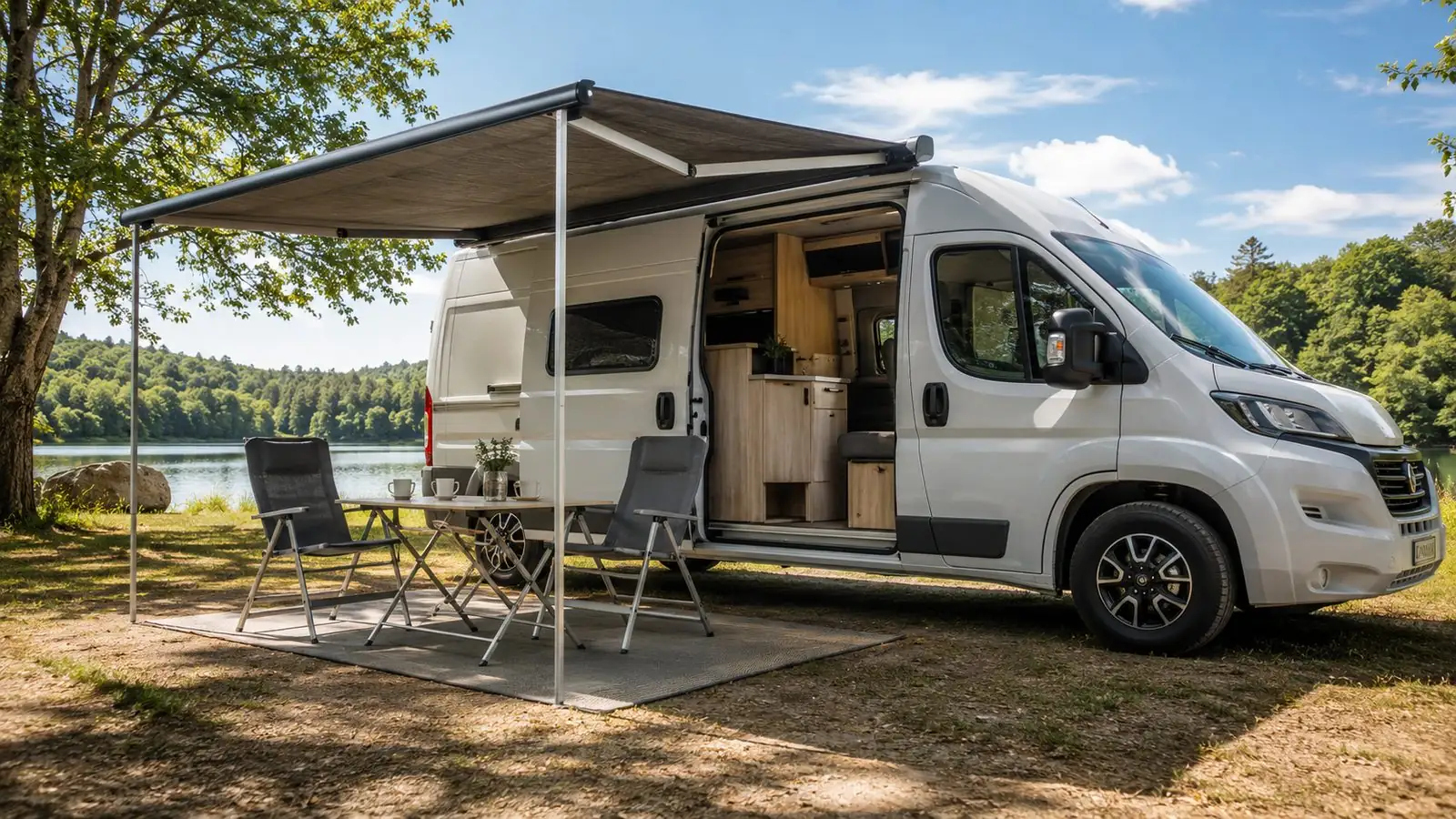 Kastenwagen-Camper mit ausgefahrener Markise, Tisch und Stühlen an einem See