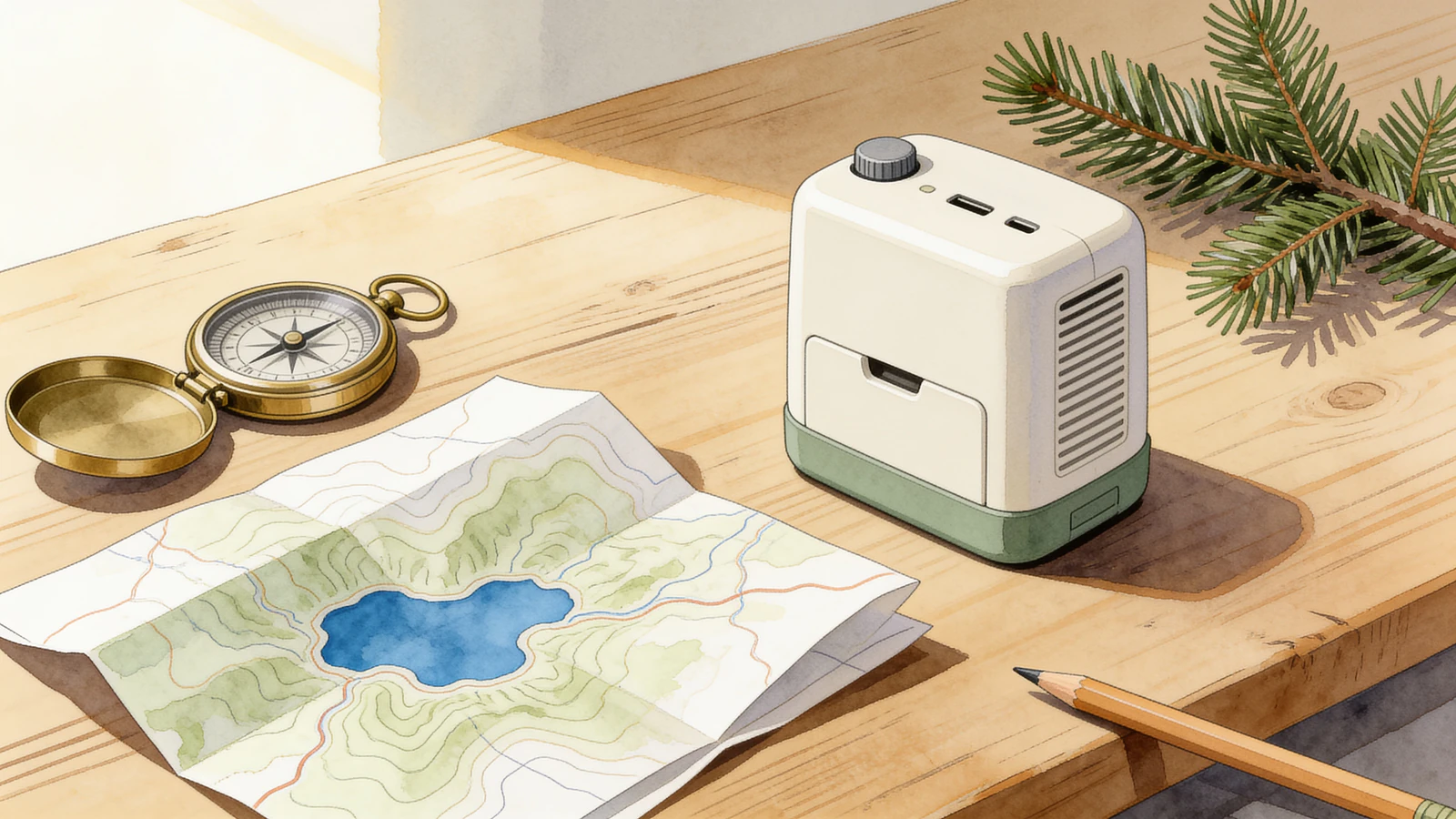 Aquarell: Werkbank mit Kompass, Wanderkarte, Powerstation und Tannenzweig