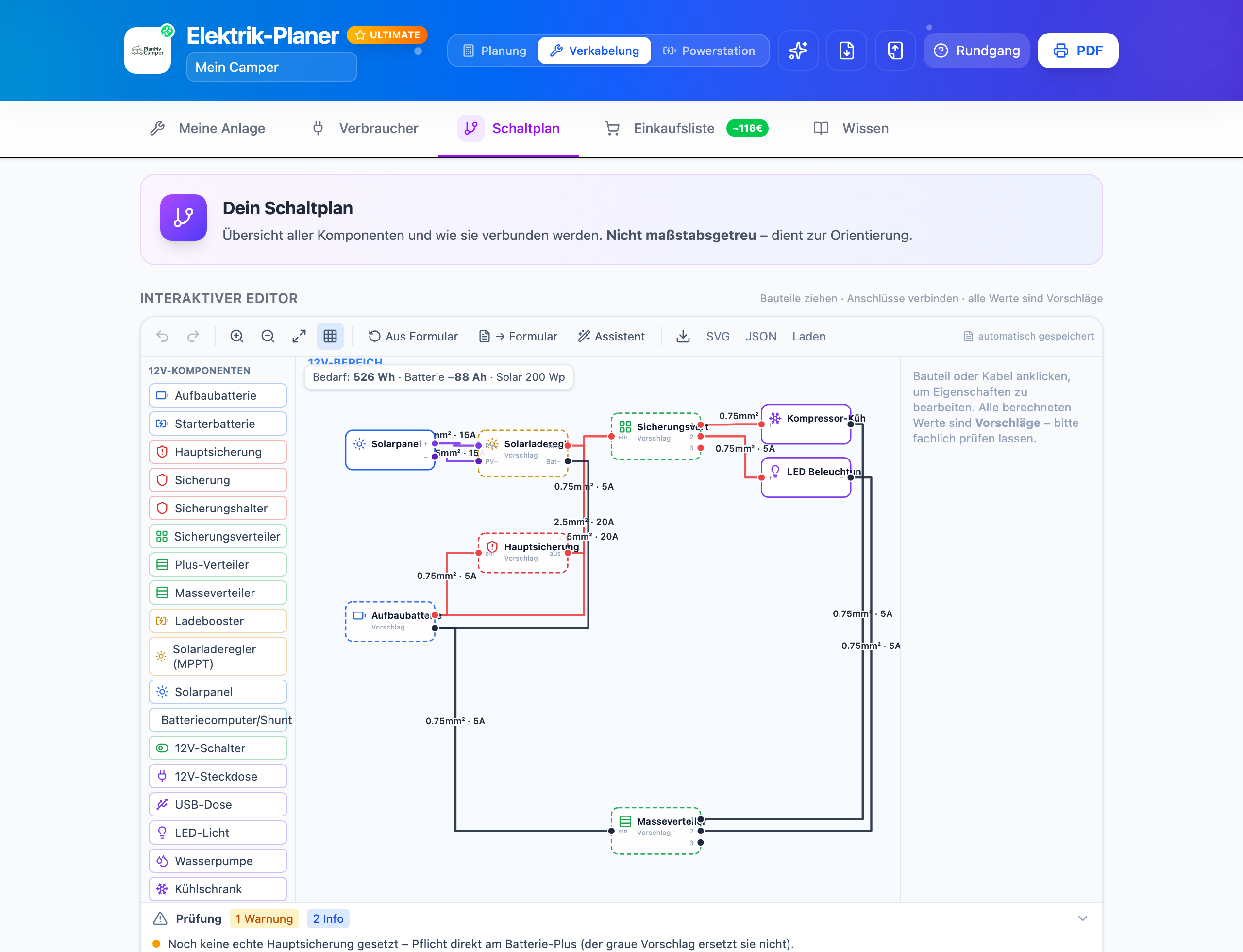 Elektrik-Planer: Kabelquerschnitte und visueller SVG-Schaltplan