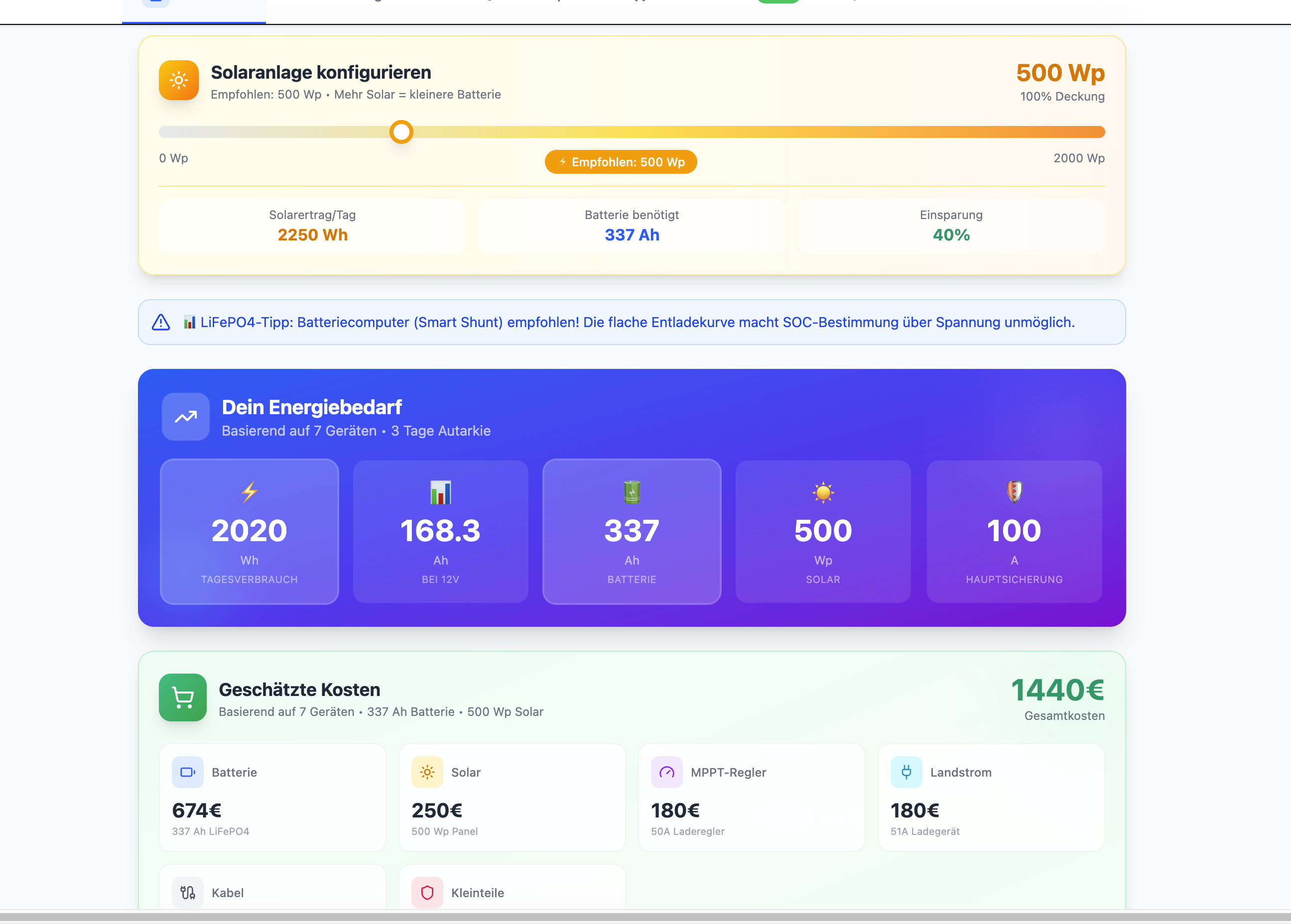 Elektrik-Planer: Solar-Konfiguration und Energiebedarf Dashboard