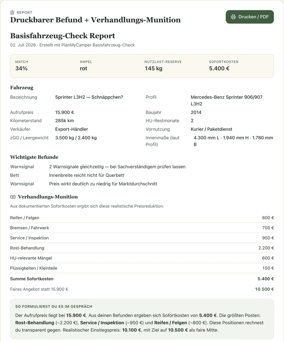 Screenshot aus der App: druckbarer Basisfahrzeug-Check-Report mit Match-Wert, Fahrzeugdaten, wichtigsten Befunden, Sofortkosten-Tabelle und fertiger Formulierung für das Verkäufer-Gespräch